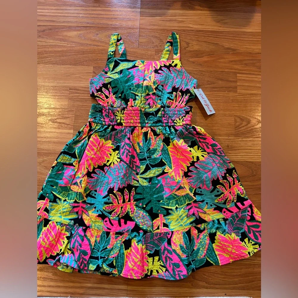1. Girls Sundress - Tropical Foliage Print Dress - Black w Bright Colors